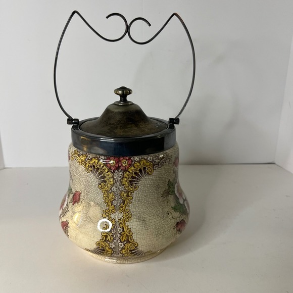Antique English Floral Biscuit Jar Lid Handle 6 x 6